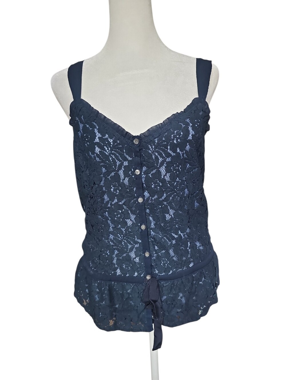Hollister Navy Lace Overlay Adjustable Straps Button Front Cami Medium